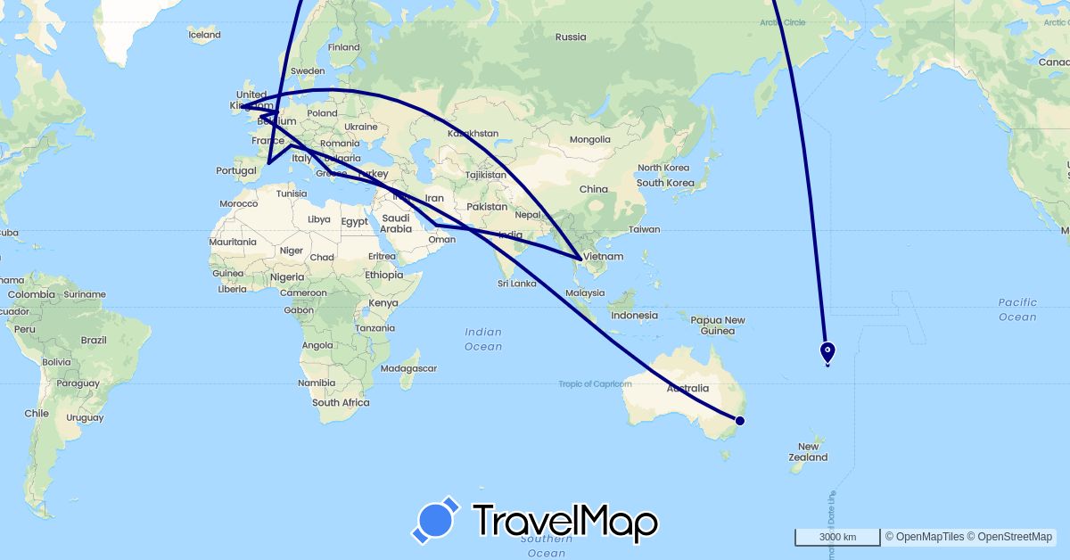 TravelMap itinerary: driving in United Arab Emirates, Australia, Spain, Fiji, United Kingdom, Greece, Ireland, Italy, Netherlands, Thailand (Asia, Europe, Oceania)